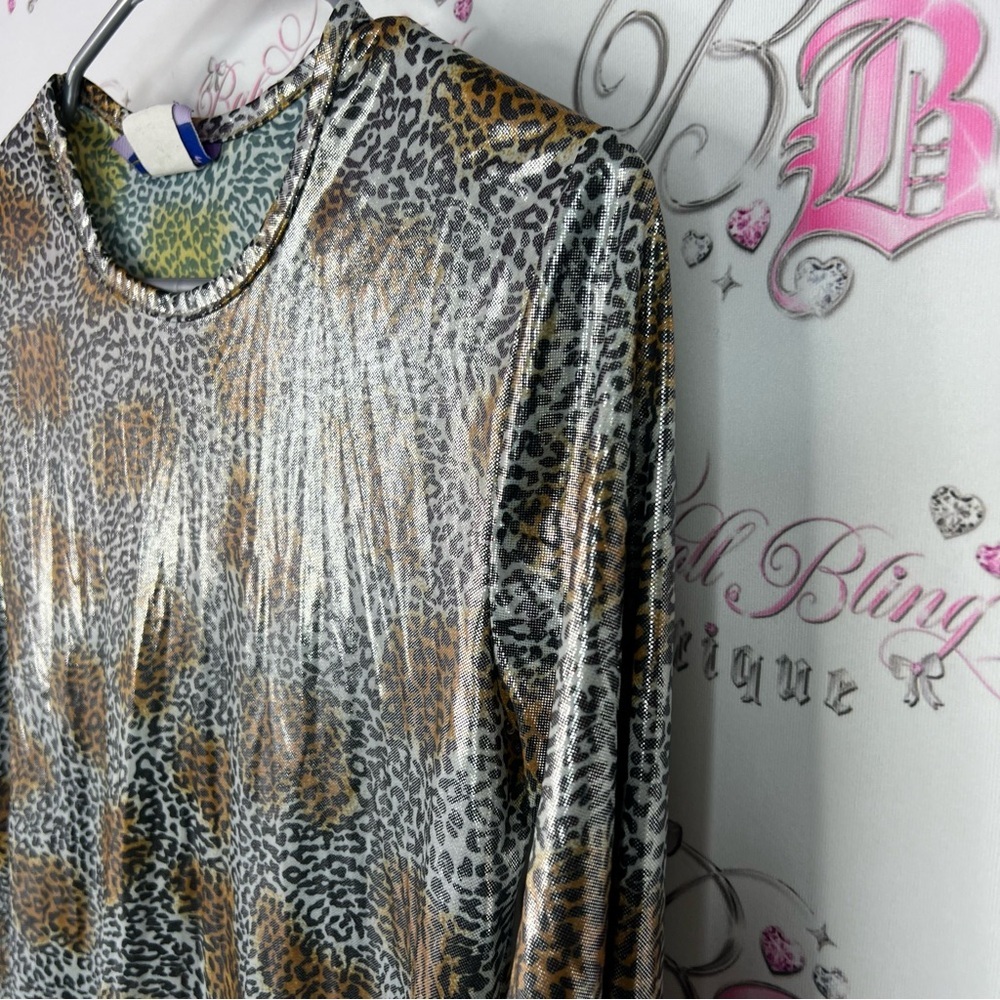 Pippin street shirt shiny long sleeve animal Metallic Leopard Print Blouse retro - Picture 4 of 8